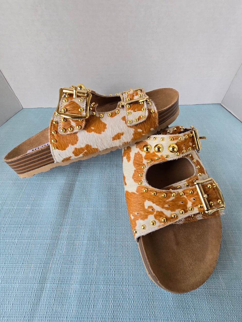 Myra "Dumble" Cowhide Studded Slide Sandals Leather Women's Size 10 Boho Western - Picture 3 of 5